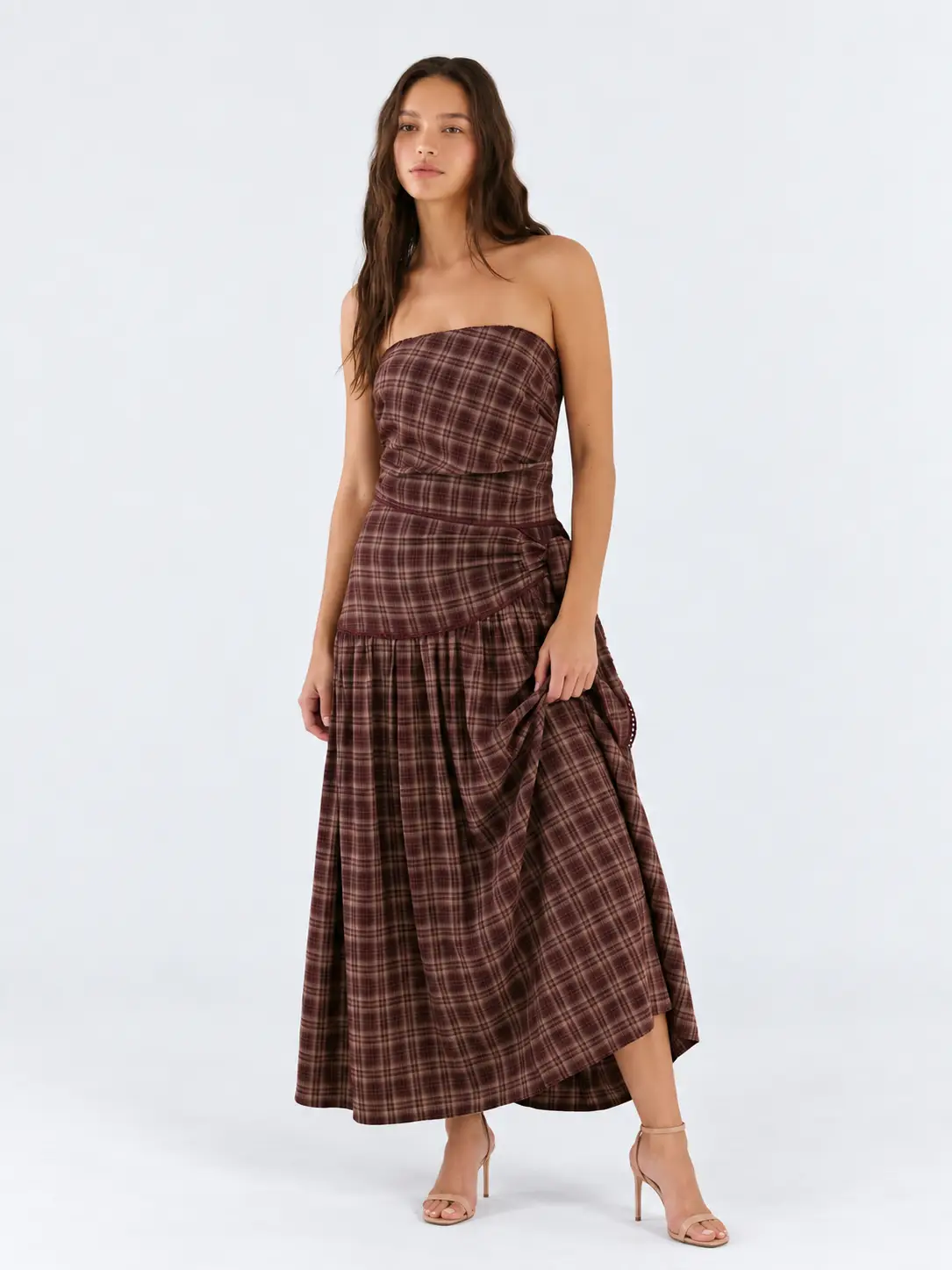 Strapless Flowy Plaid Cotton Midi with Waist Side Tie