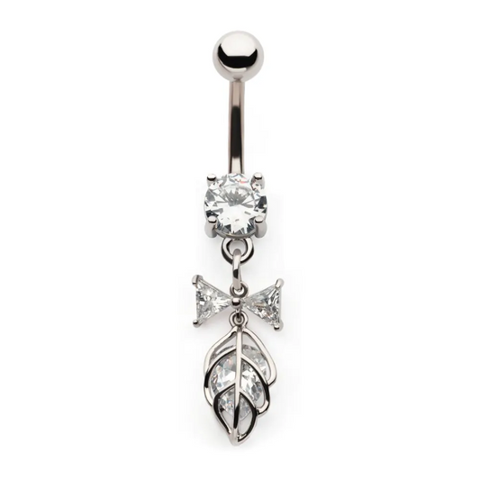 Leaf Caged Gem With Bow Dangle Navel
