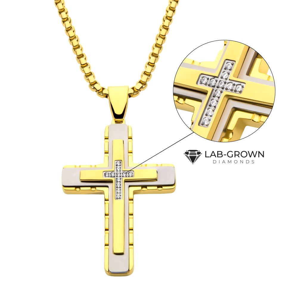 18Kt Gold IP Steel CNC Set Lab-Grown Diamond Cross 24"