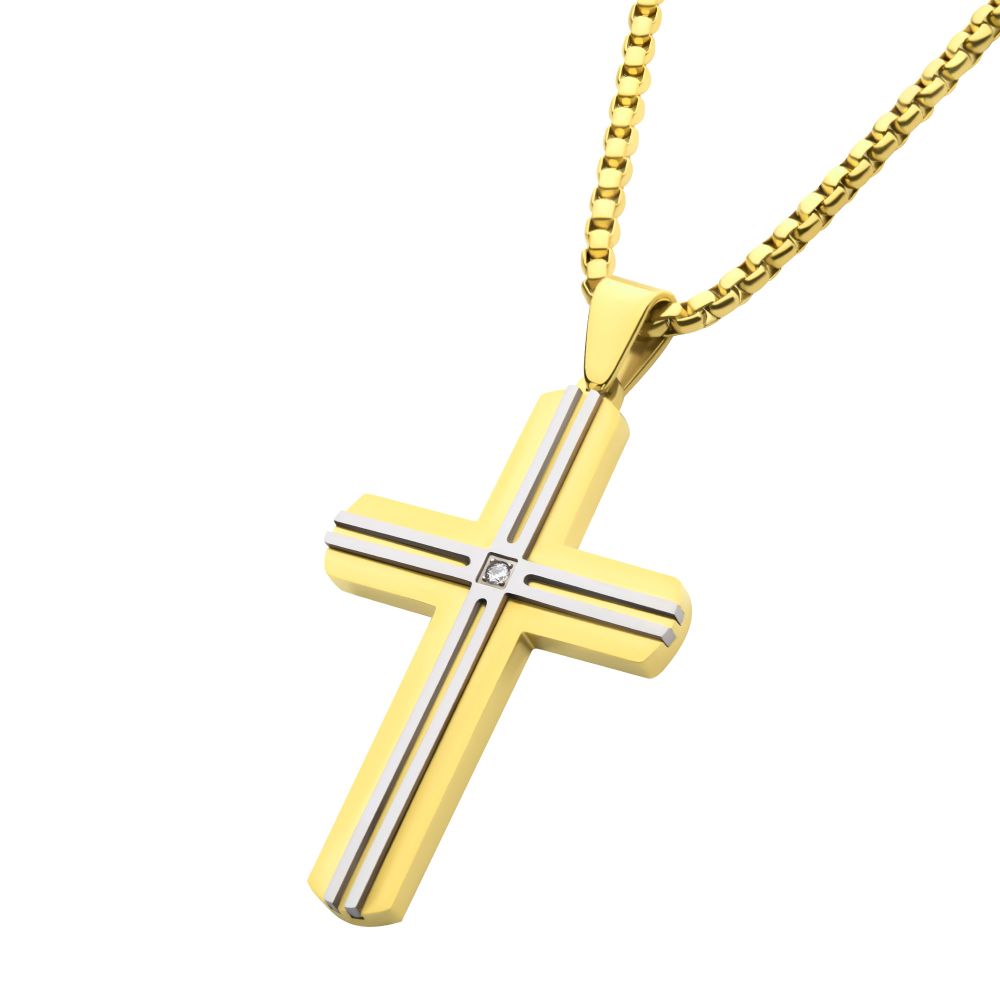 18Kt Gold IP Steel Lab-Grown Diamond Cross Pendant 24"