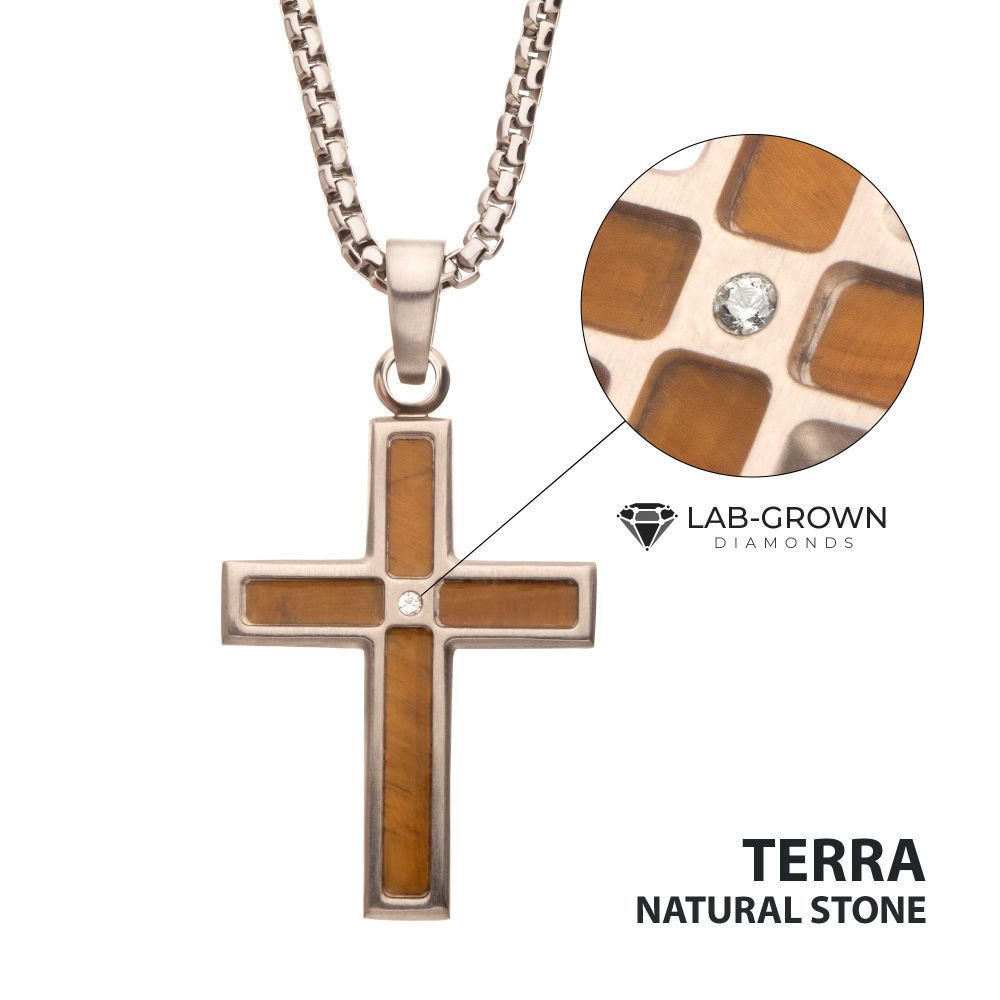 Matte Stainless Steel Tiger Eye Stone Inlay & Lab-Grown Diamond Cross Pendant