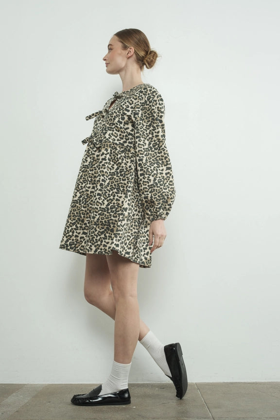 Leopard Print Babydoll Tie Dress