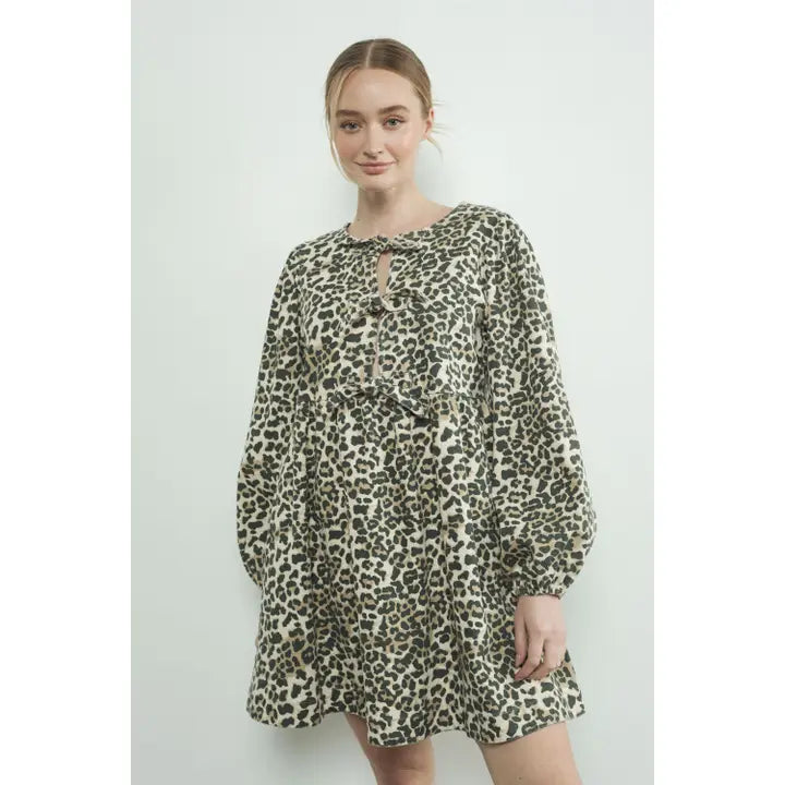 Leopard Print Babydoll Tie Dress