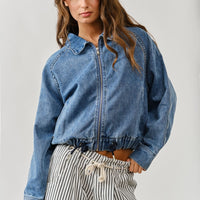 Balloon Sleeve Twill Jacket With Drawstring Waist