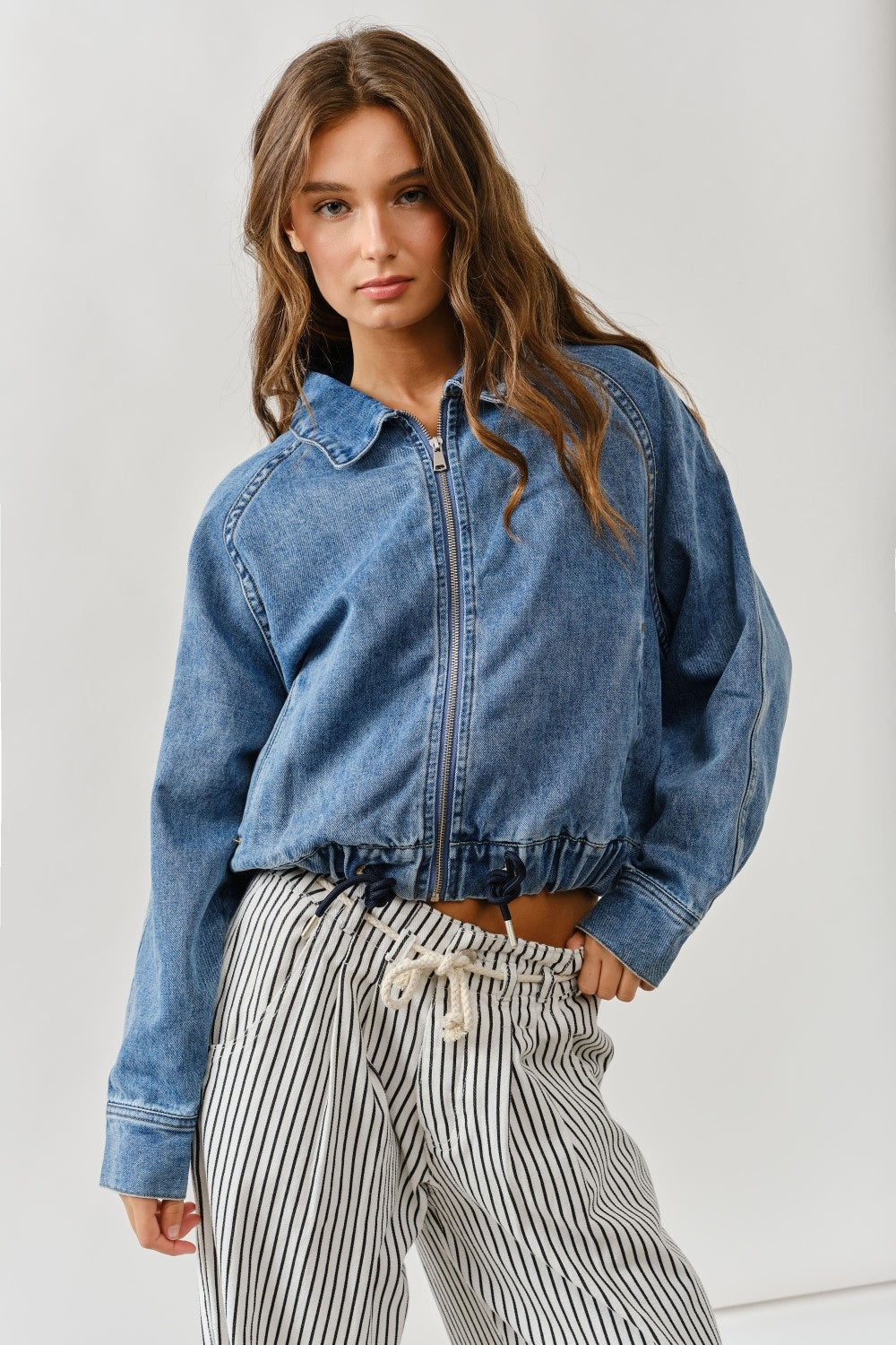 Balloon Sleeve Twill Jacket With Drawstring Waist