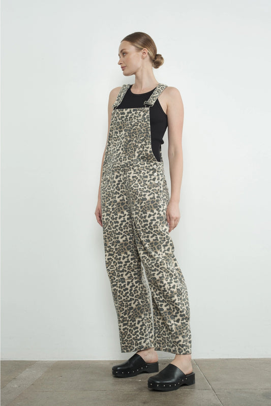Leopard Print Slouchy Relax Fit Denim Overall