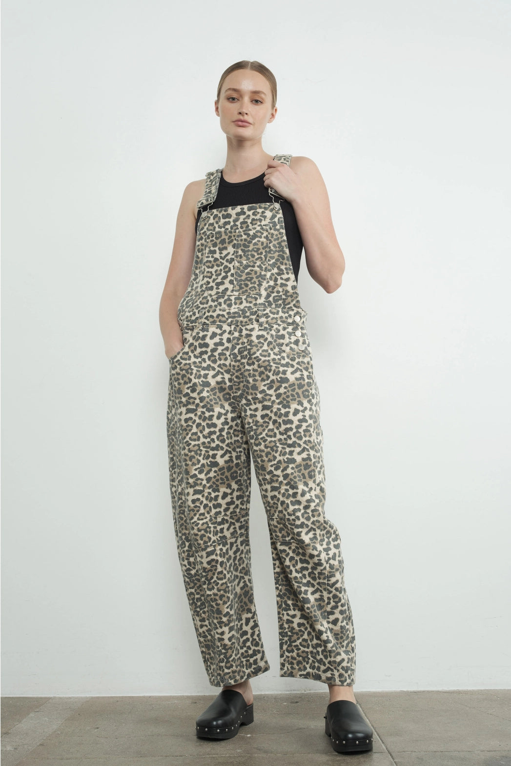 Leopard Print Slouchy Relax Fit Denim Overall