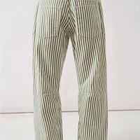 Olive Striped Denim Pants With Eyelet Waist