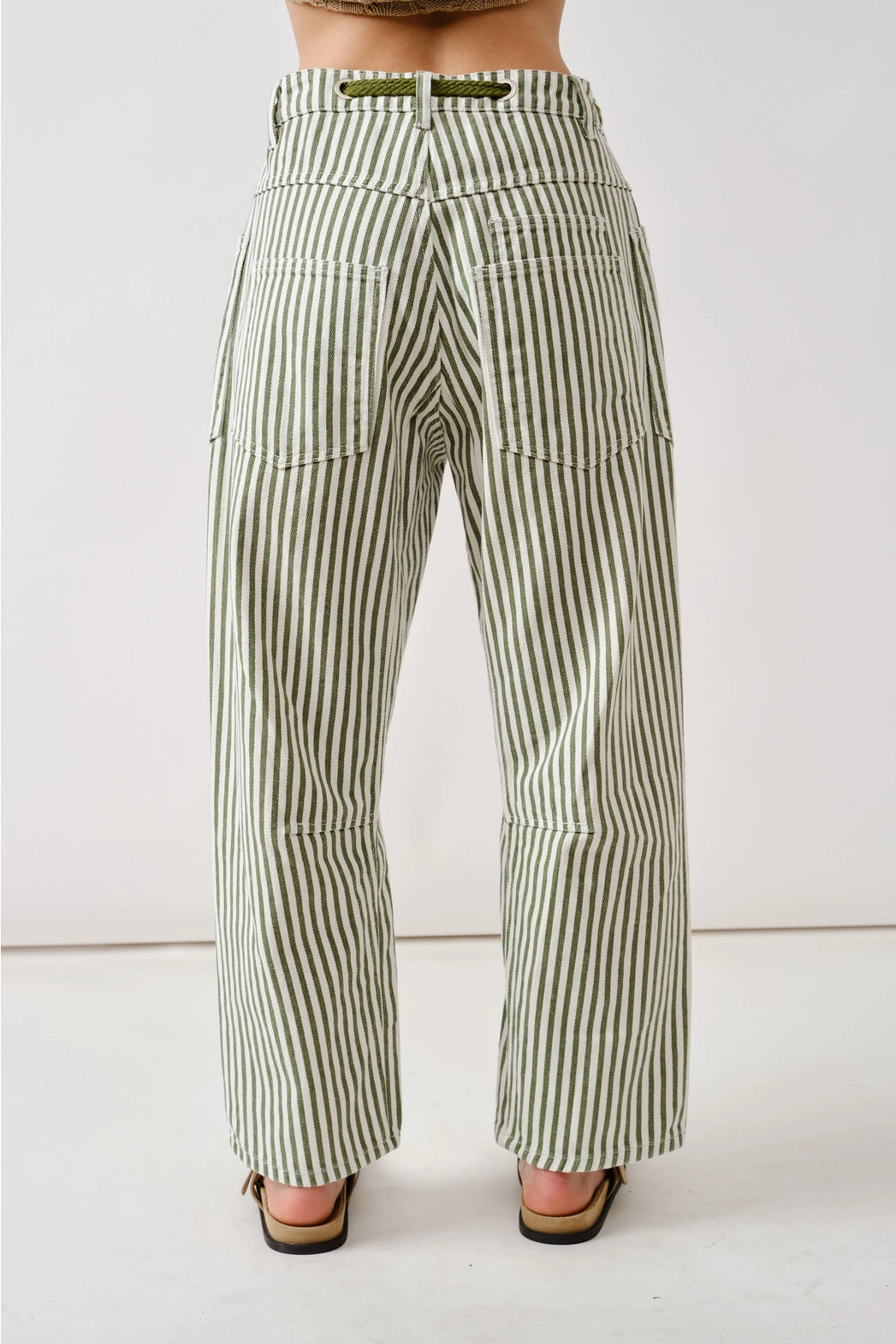 Olive Striped Denim Pants With Eyelet Waist