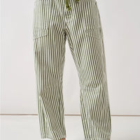Olive Striped Denim Pants With Eyelet Waist