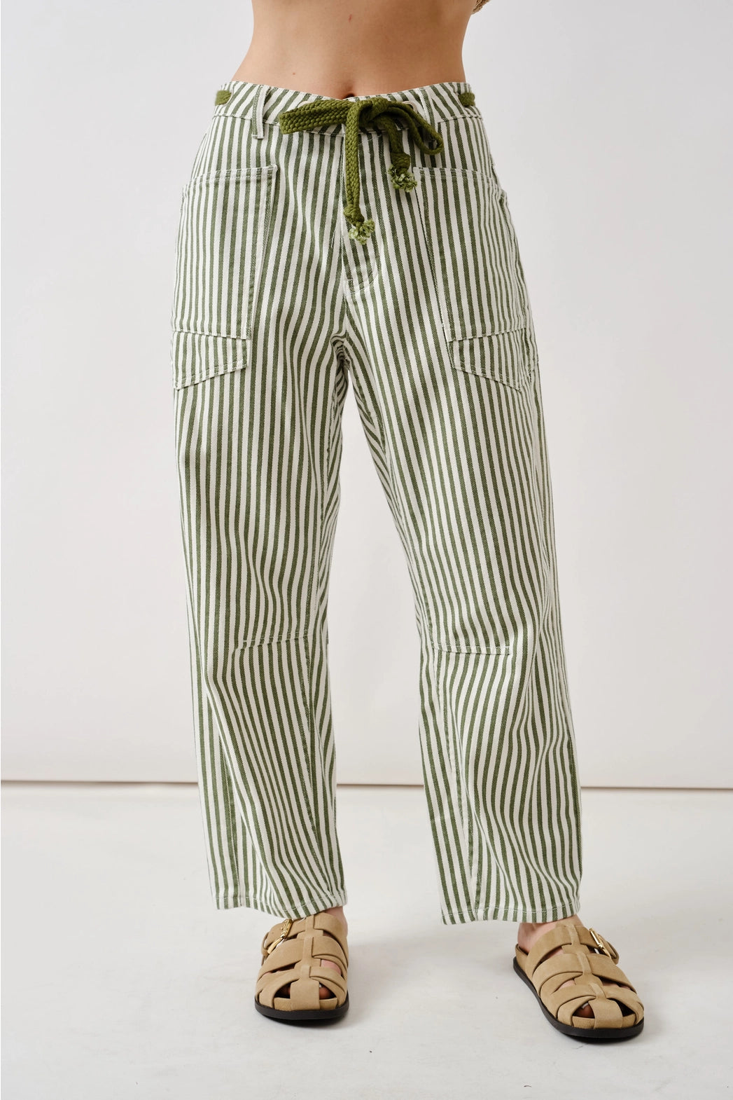 Olive Striped Denim Pants With Eyelet Waist
