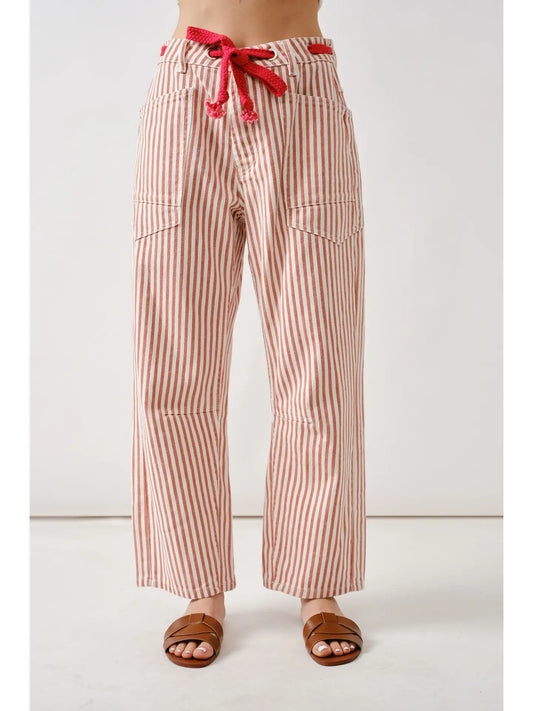 Rust Striped Barrel Denim Pants With Eyelet Waist