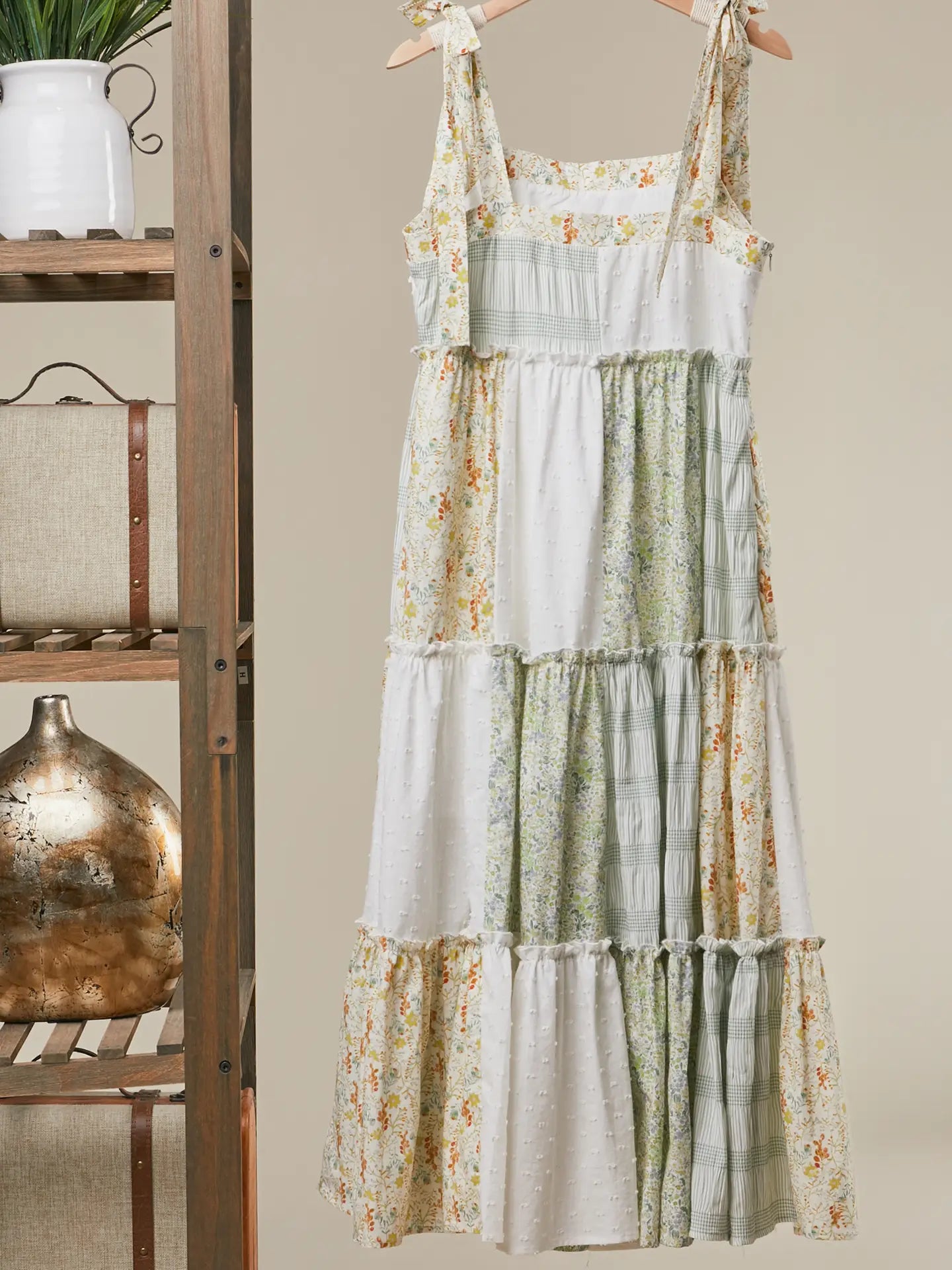 Patchwork Tie-Shoulder Tiered Maxi Dress