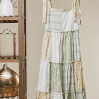 Patchwork Tie-Shoulder Tiered Maxi Dress