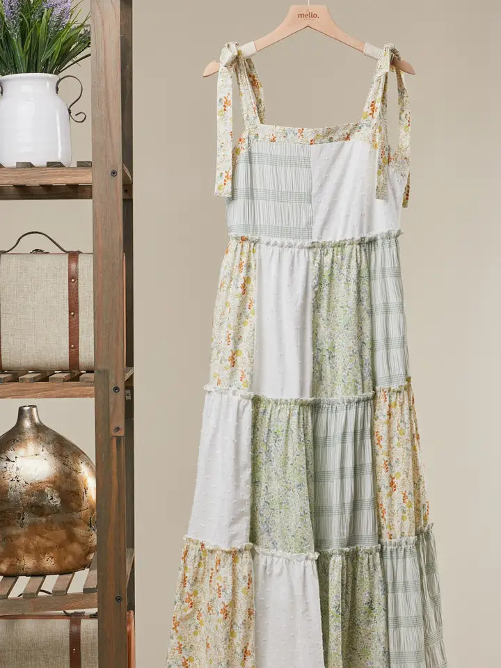 Patchwork Tie-Shoulder Tiered Maxi Dress