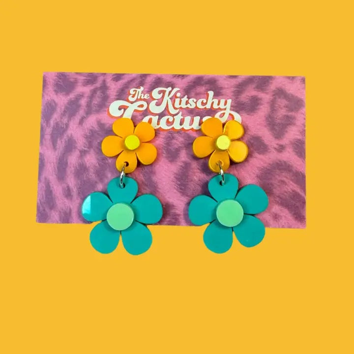 Mini Green And Orange Flower Earrings
