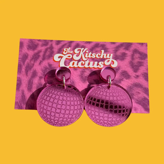 Super Freak (Mini)-Pink Disco Ball Earrings