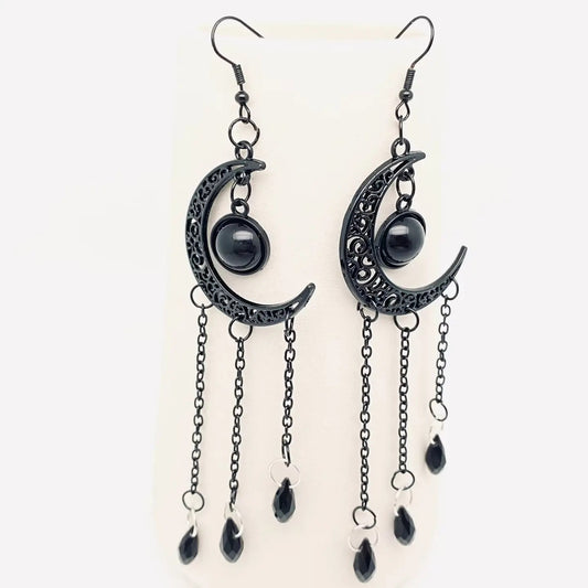 Gothic Black Moon Long Chain Earrings