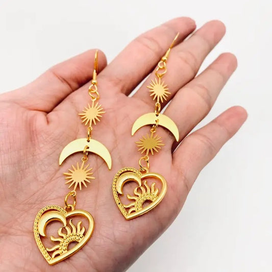 Sun Moon Star Heart-Shaped Pendant Earrings