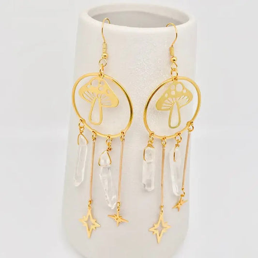 Quartz Crystal Golden Mushroom Pendant Earrings