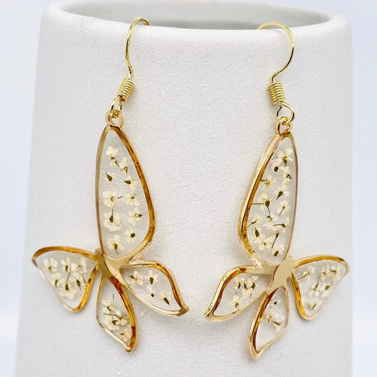 Queen Anne's Lace Butterfly Shape Dried Flower Earrings