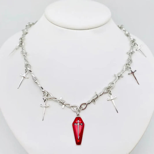Gothic Red Coffin Cross Sword Charm Thorn Chain Necklace