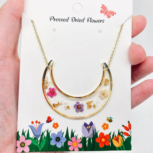 Moon Charm Pressed Dried Flower Necklace