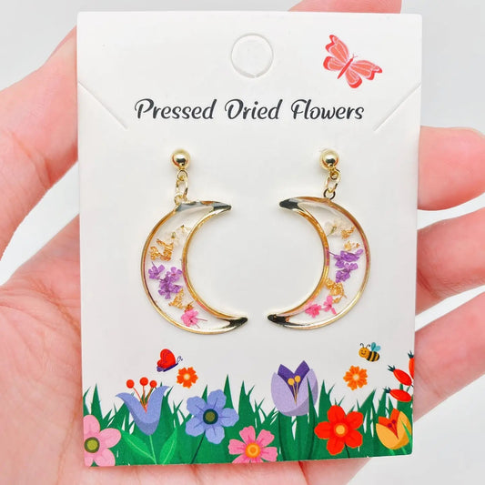 Moon Pressed Dried Flower Post Earrings