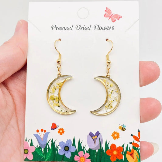 Queen Anne's Lace Pressed Flower Crescent Shape Earring
