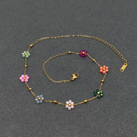 7 Color Glass Beaded Flowers 18K Gold Plated SS Necklace