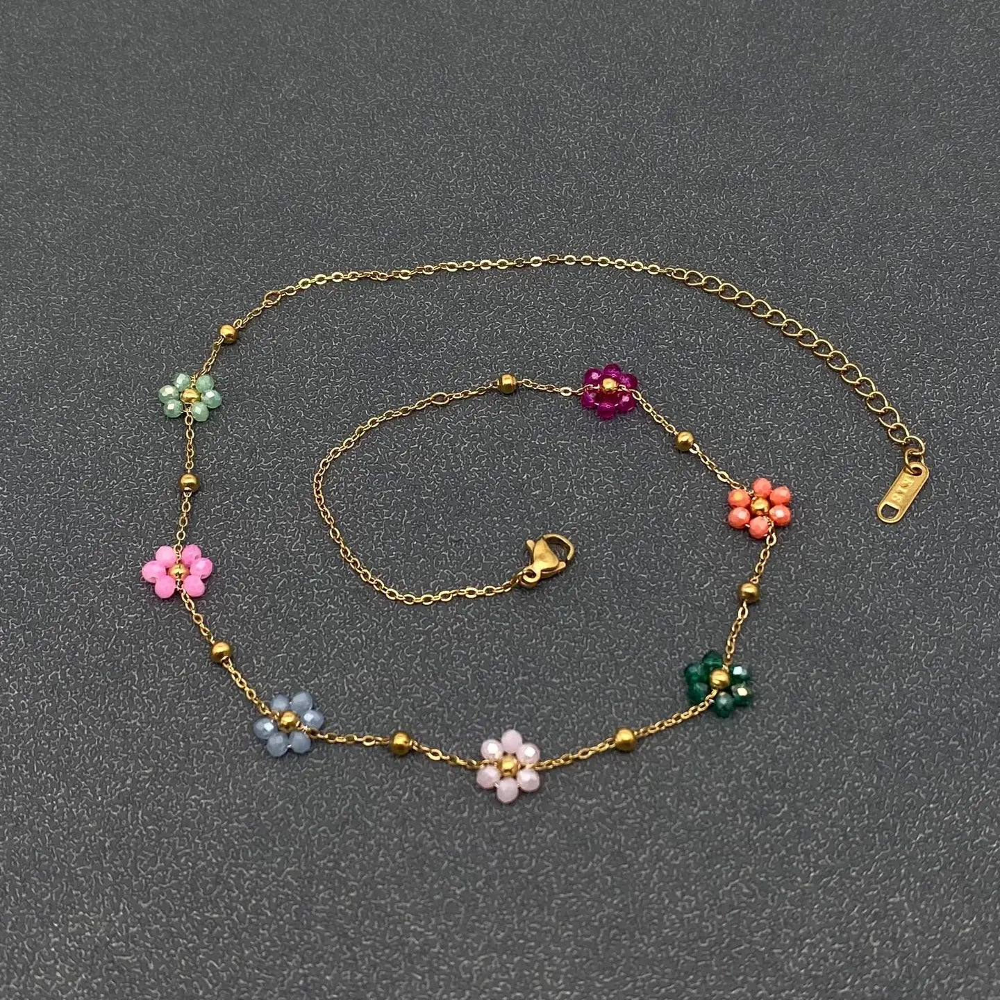 7 Color Glass Beaded Flowers 18K Gold Plated SS Necklace