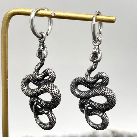 Stainless Steel Python Snake Charm Huggie Earrings