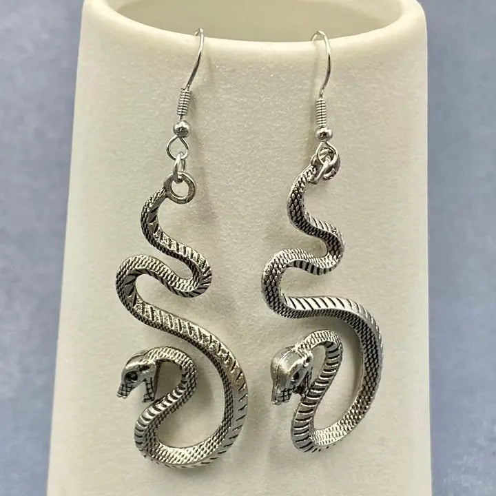 Silver Tone Snake Dangle Earrings
