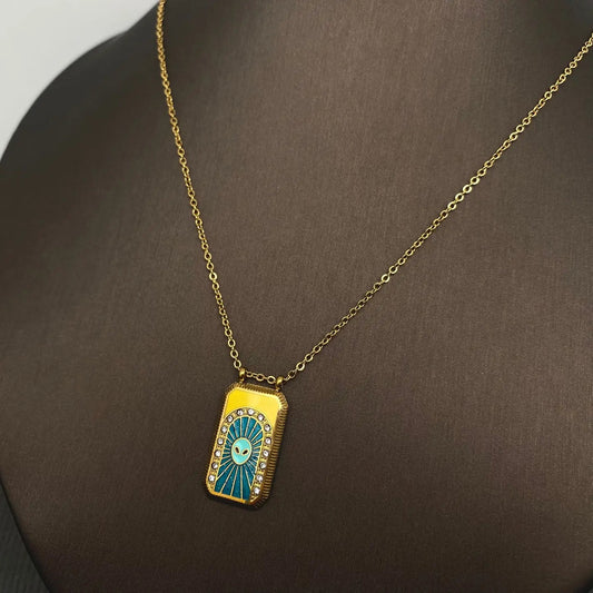 Cz Enamel Alien Tarot Charm 18K Gold Plated S.Steel Necklace