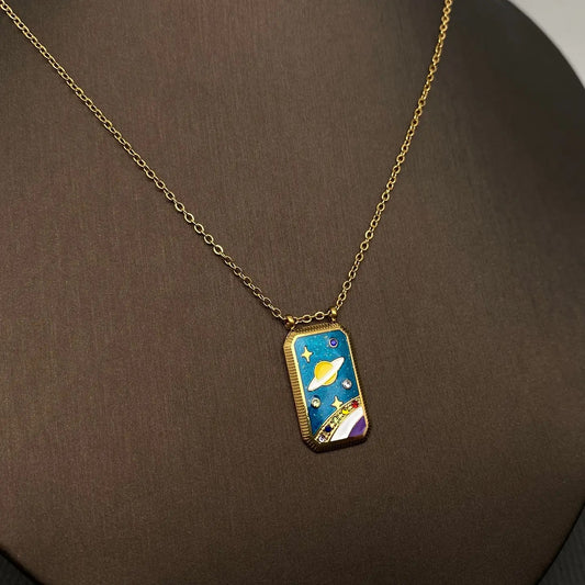 Universe Cz Enamel Tarot Charm 18K Gold Plated S.Steel Necklace