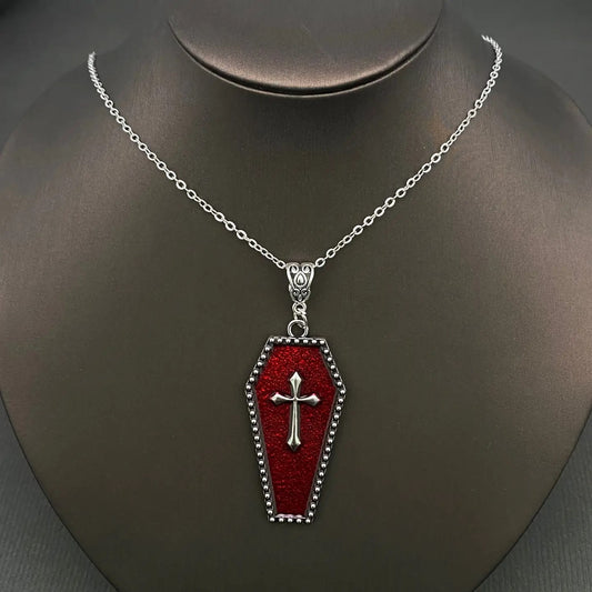 Gothic Enamel Cross Coffin Charm Necklace