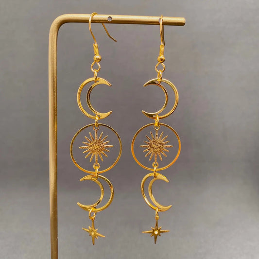 Golden Hollow Moon Star Dangle Earrings