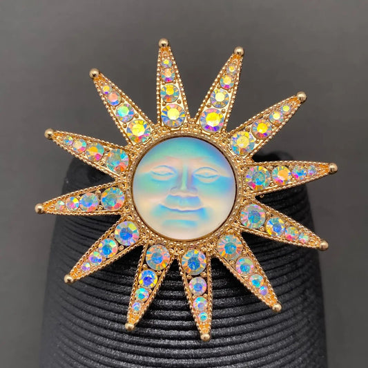 Vintage Rhinestone Inlaid Gold-Plated Sun Brooch