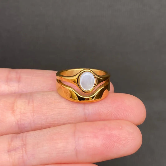 Stone & Shell Inlaid 18K Gold Plated S.Steel Ring