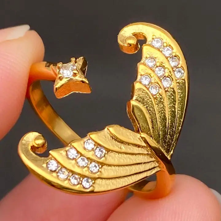 Zircon Inlaid Fish Tail 18K Gold Plated S.Steel Ring