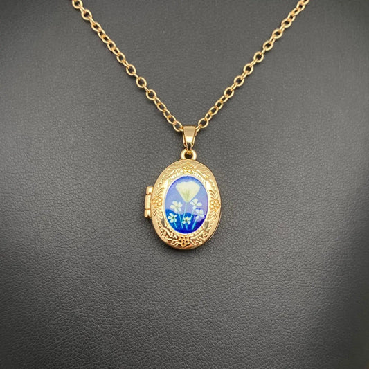 Printing Flower Pattern Locket Charm Necklace