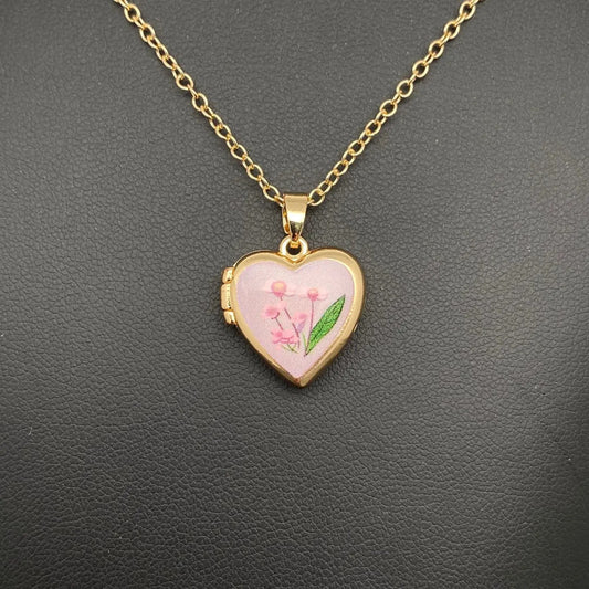 Printing Flower Pattern Locket Charm Necklace