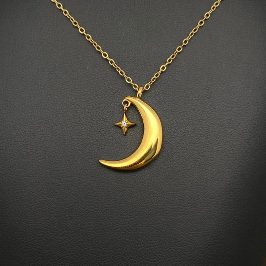 Moon Star Charm 18K Gold Plated S.Steel Necklace