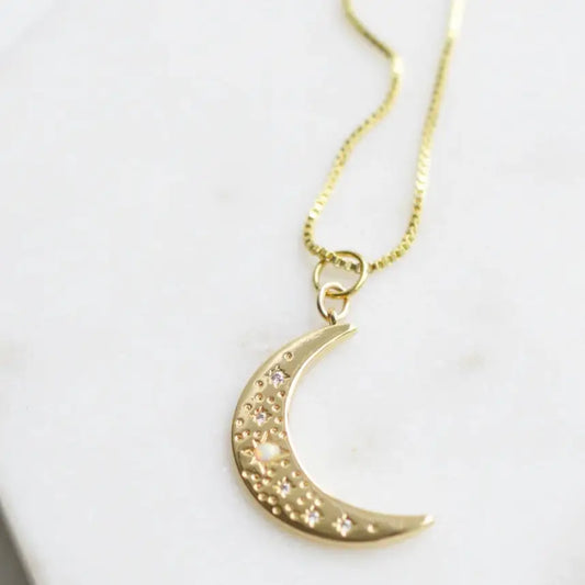 Crescent Moon Opal and Crystal Steel 14K Gold Necklace