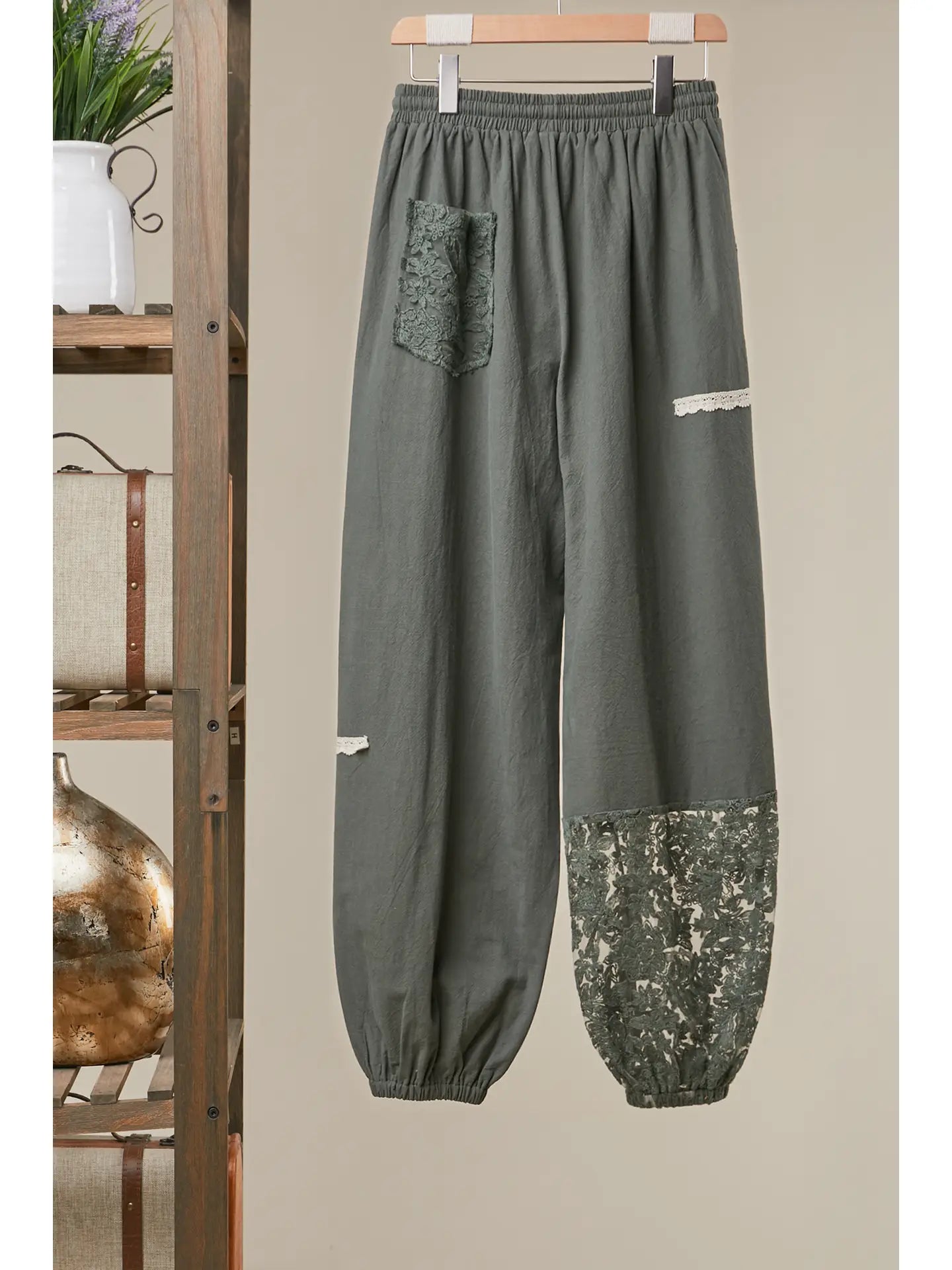 Lace Accents Patchwork Crochet Jogger Pants