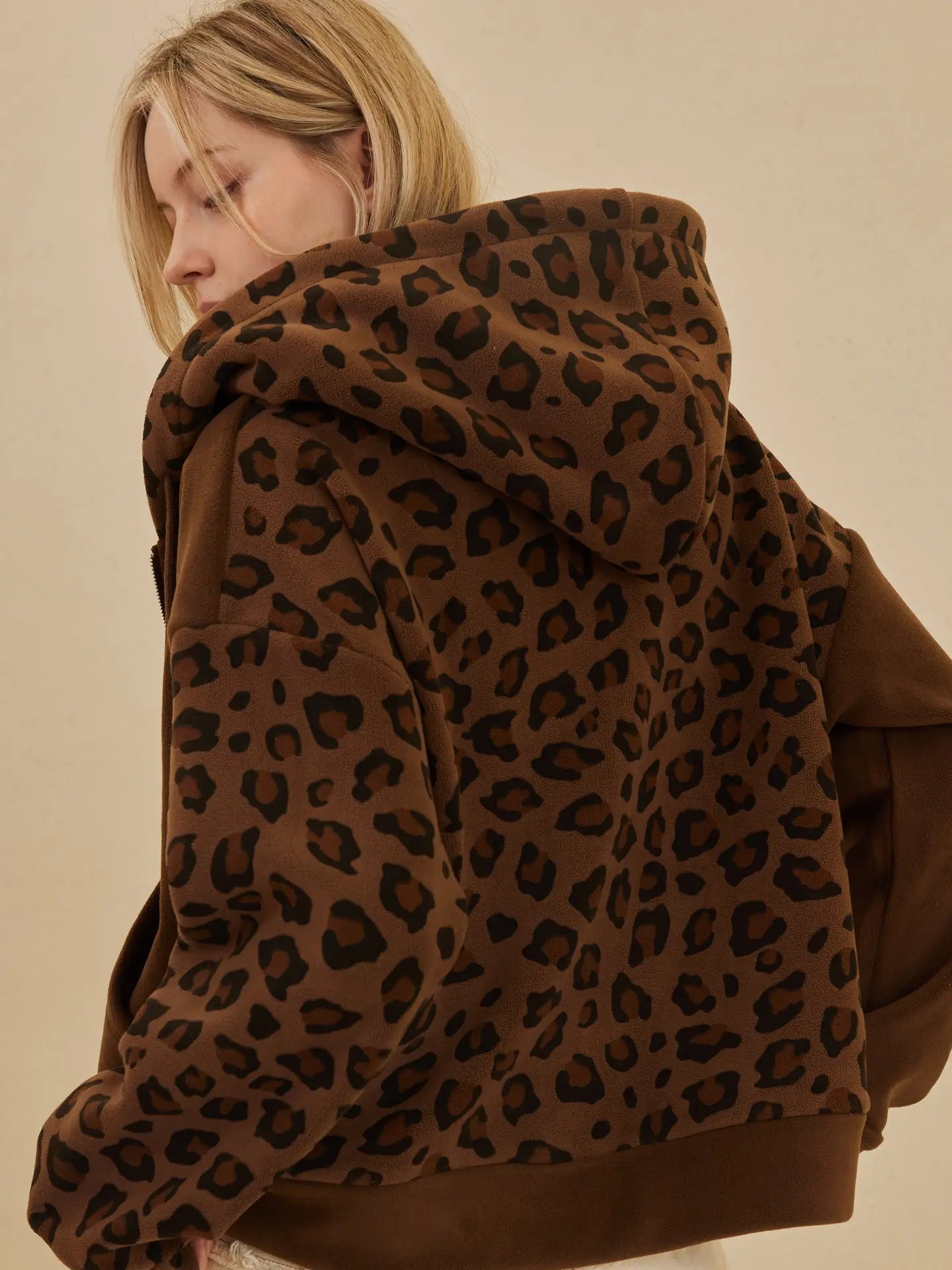 Zip Up Hooded Sweatshirt with Leopard Print