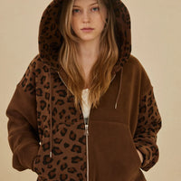 Zip Up Hooded Sweatshirt with Leopard Print
