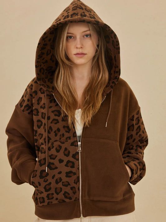 Zip Up Hooded Sweatshirt with Leopard Print
