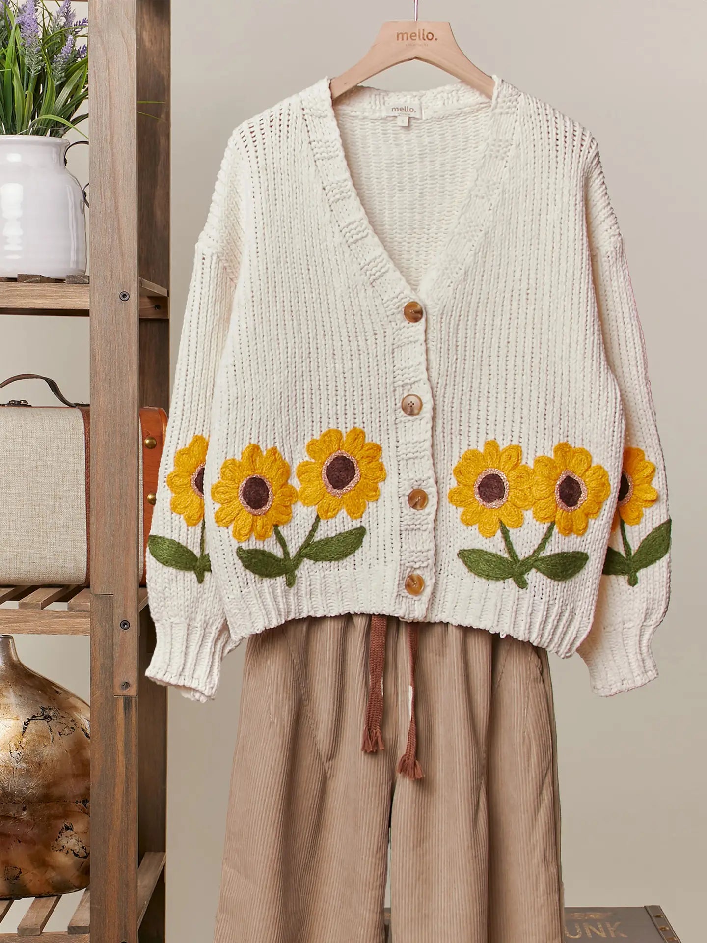 Sunflower With Stem V Neck Cardigan