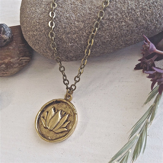 Kamala Lotus Talisman Necklace Antique Brass